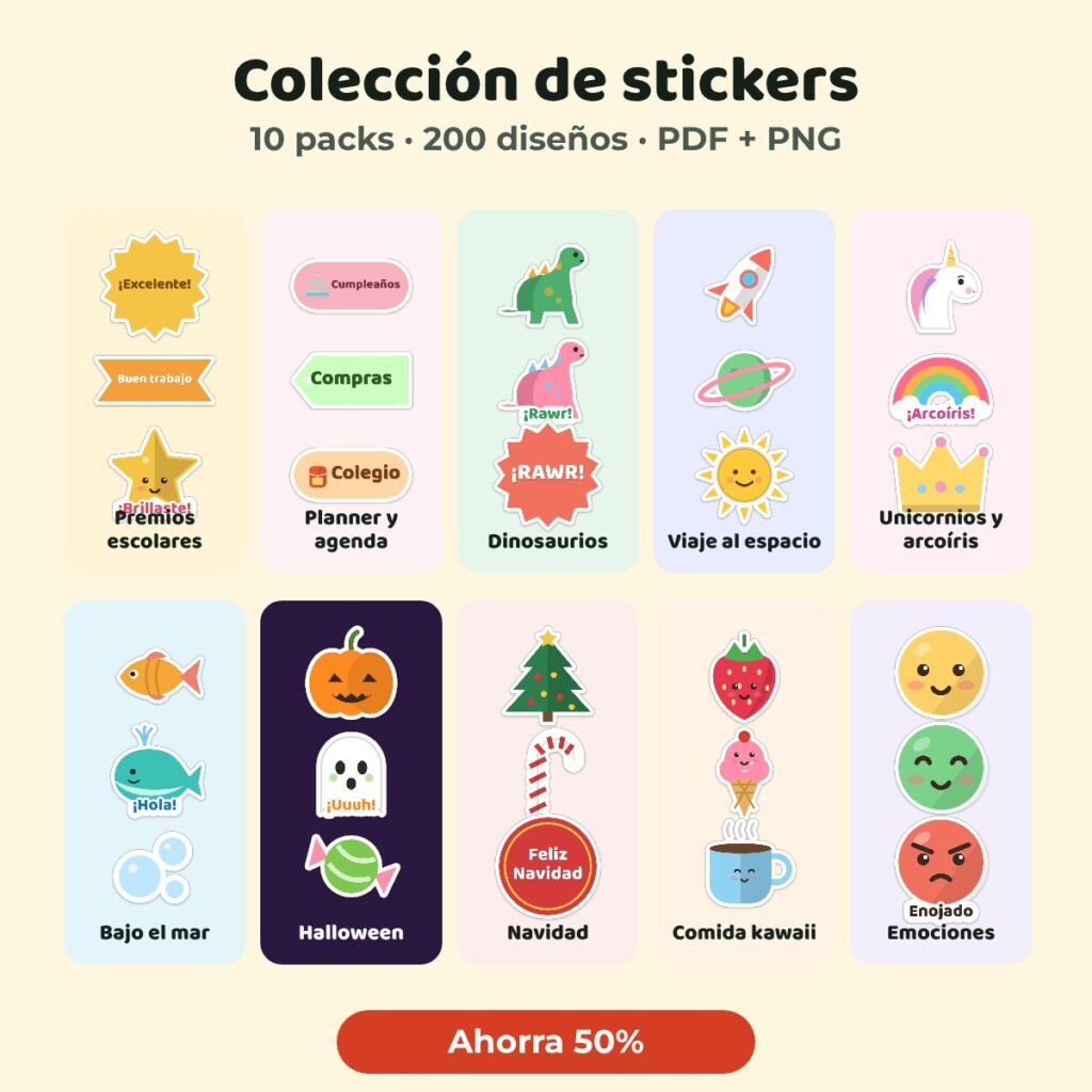 Colección de 10 packs de stickers imprimibles