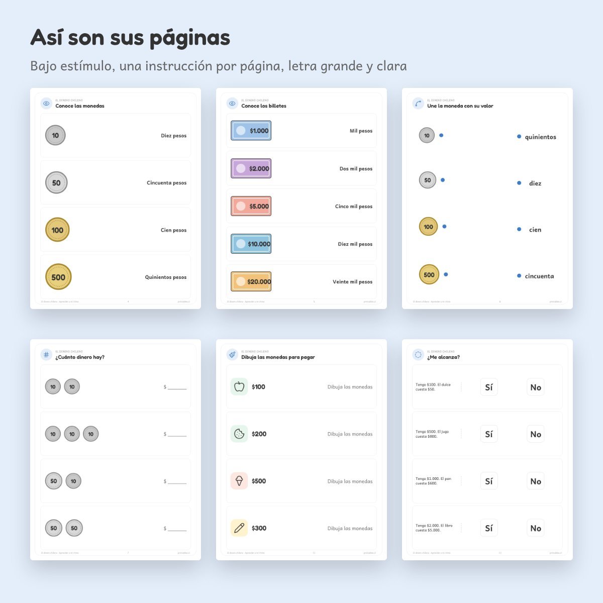Páginas de Cuaderno de apoyo: El dinero chileno