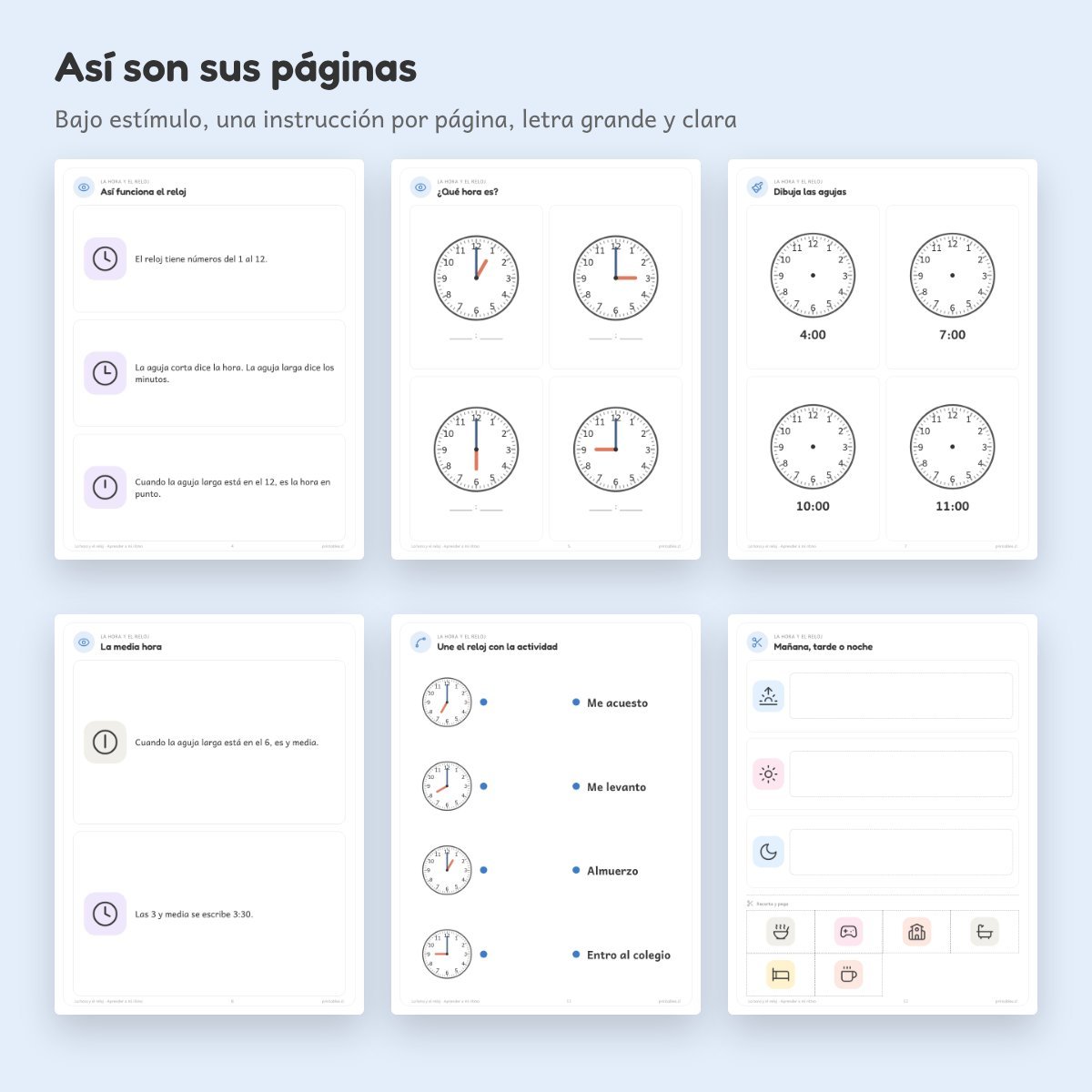 Páginas de Cuaderno de apoyo: La hora y el reloj