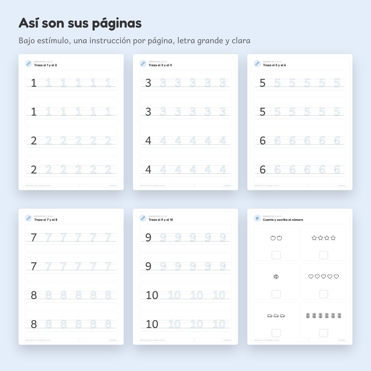 Páginas de Cuaderno de apoyo: Números del 1 al 10