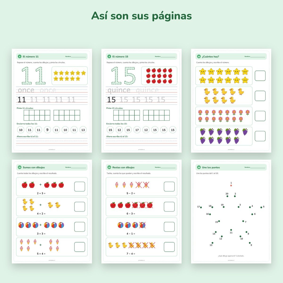 Páginas de muestra: Cuaderno de actividades: Números del 1 al 20 (Kínder)
