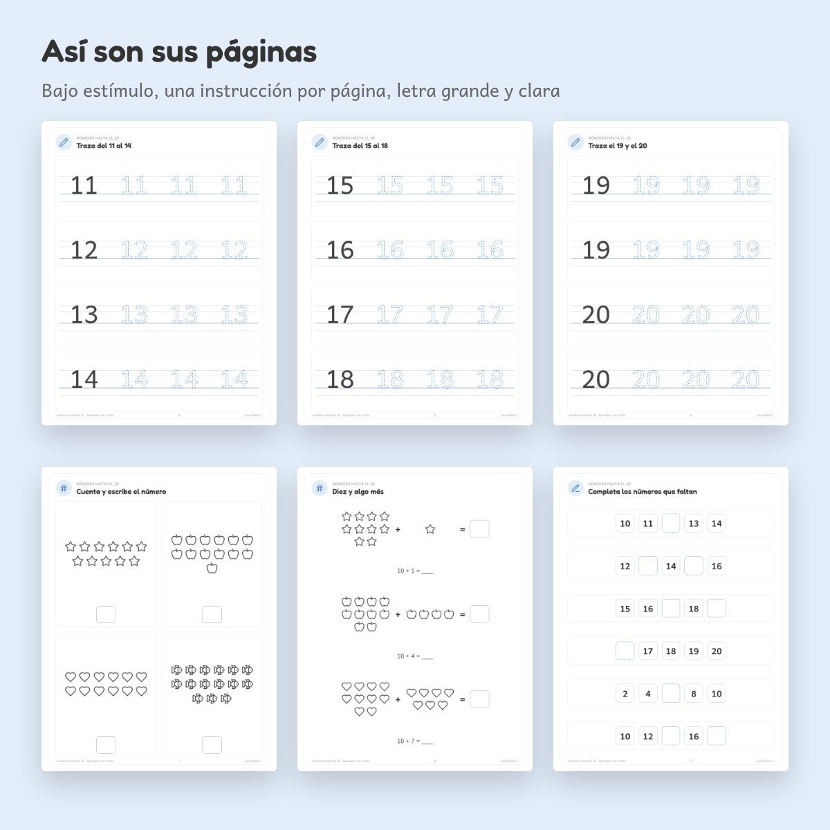Páginas de Cuaderno de apoyo: Números hasta el 20