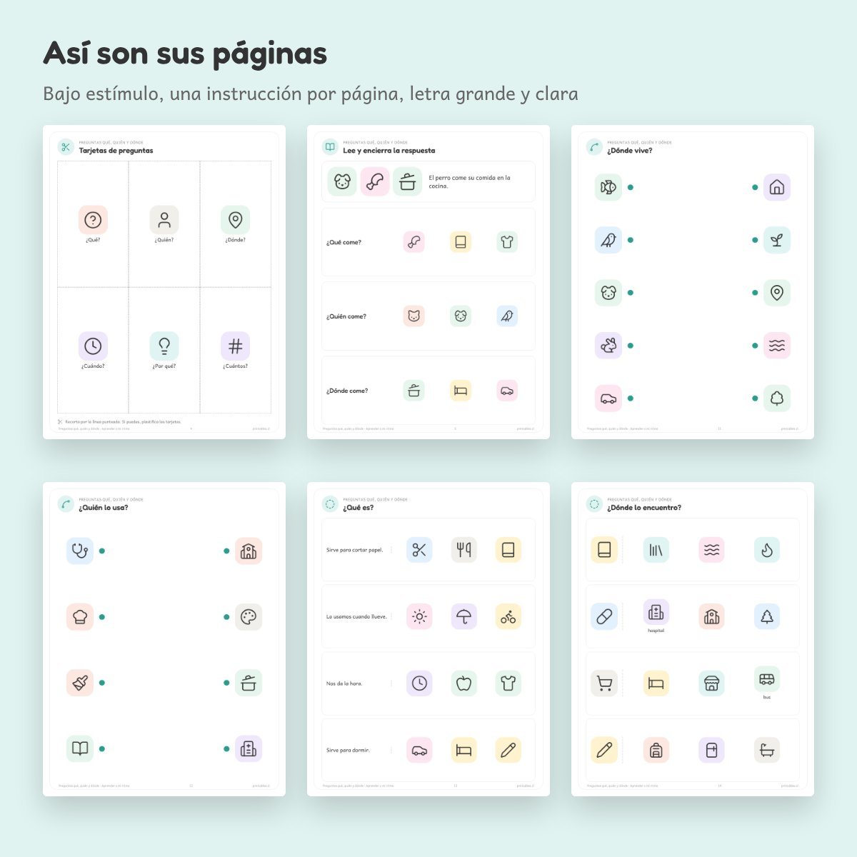 Páginas de Cuaderno de apoyo: Preguntas qué, quién y dónde