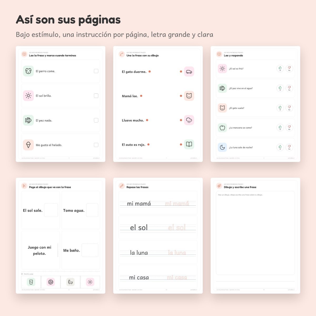 Páginas de Cuaderno de apoyo: Leo mis primeras frases