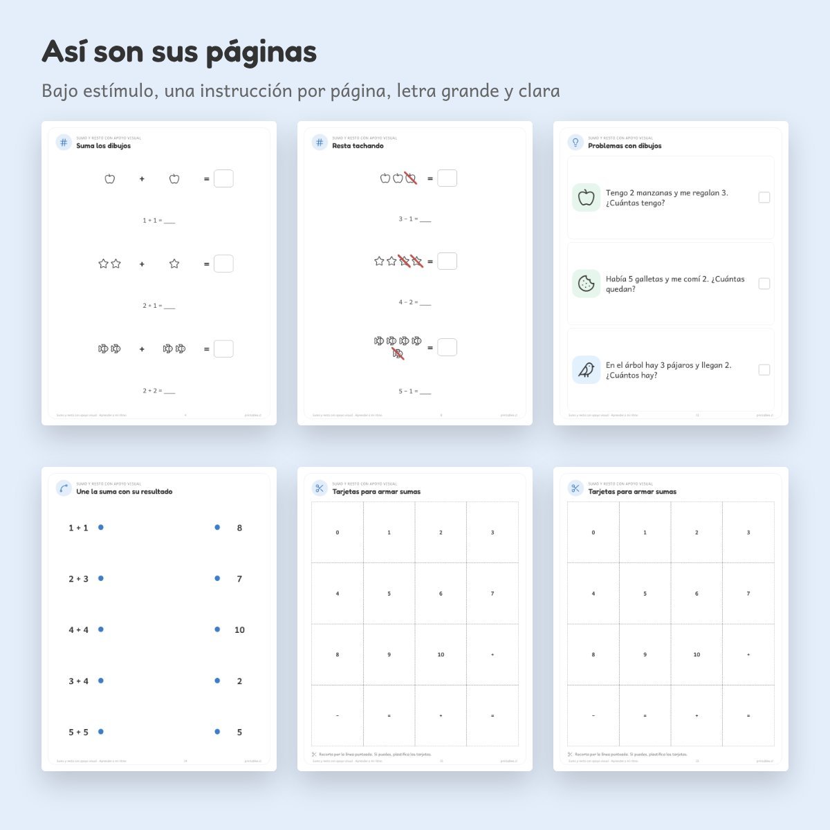 Páginas de Cuaderno de apoyo: Sumo y resto con apoyo visual