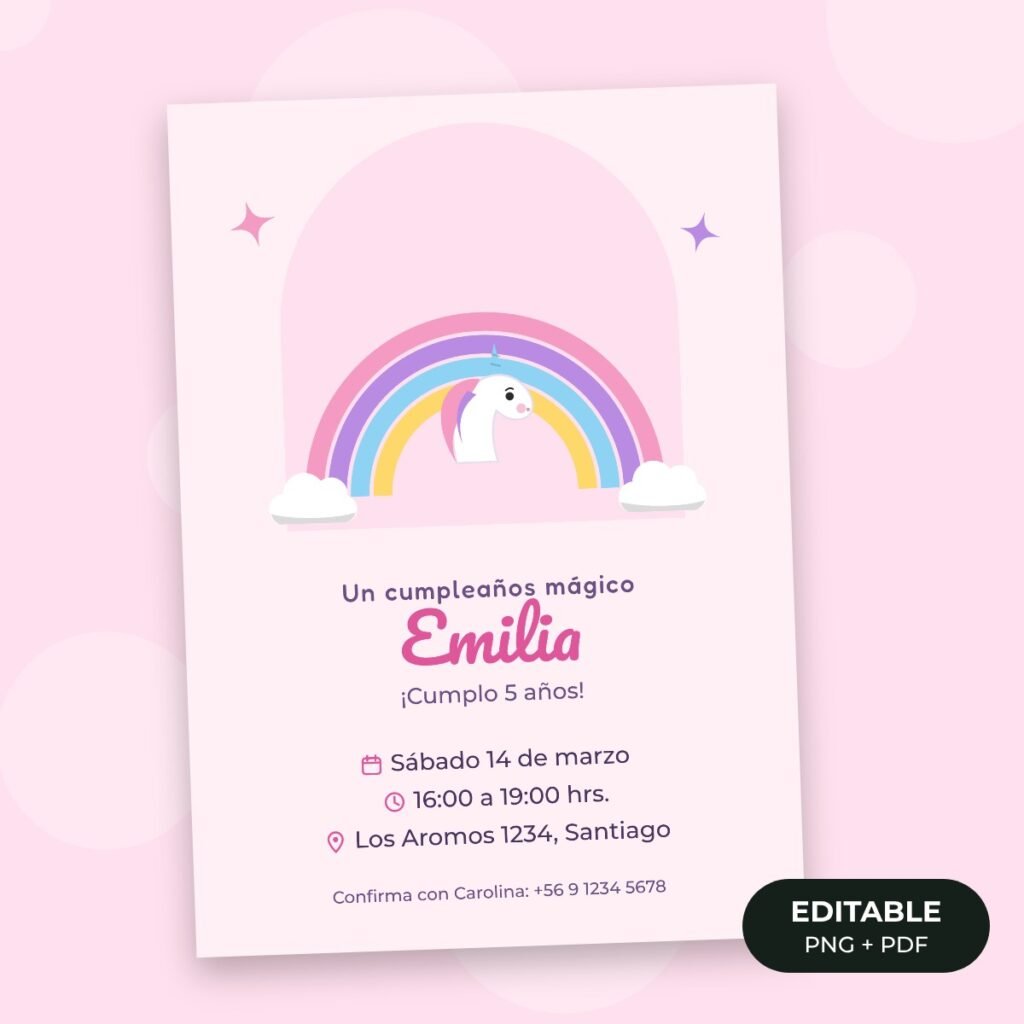 Invitación editable: Unicornio mágico