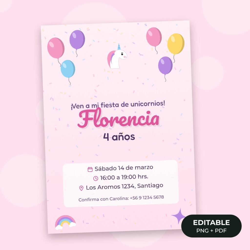 Invitación editable: Unicornios y arcoíris