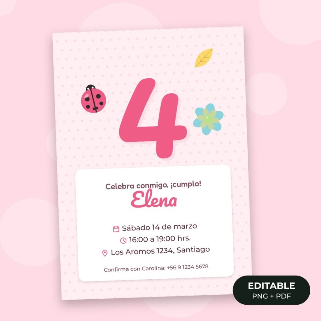 Invitación editable: Mariquitas y flores