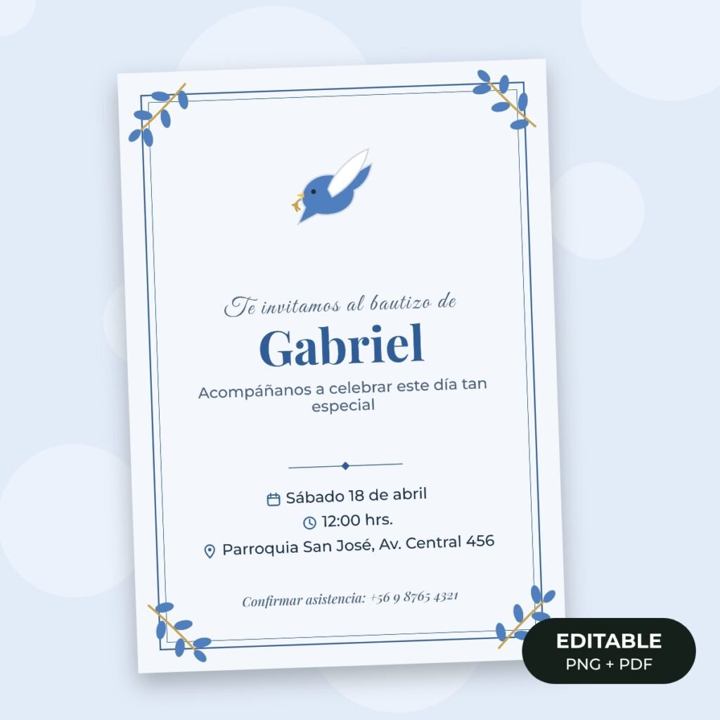 Invitación editable: Bautizo palomita azul