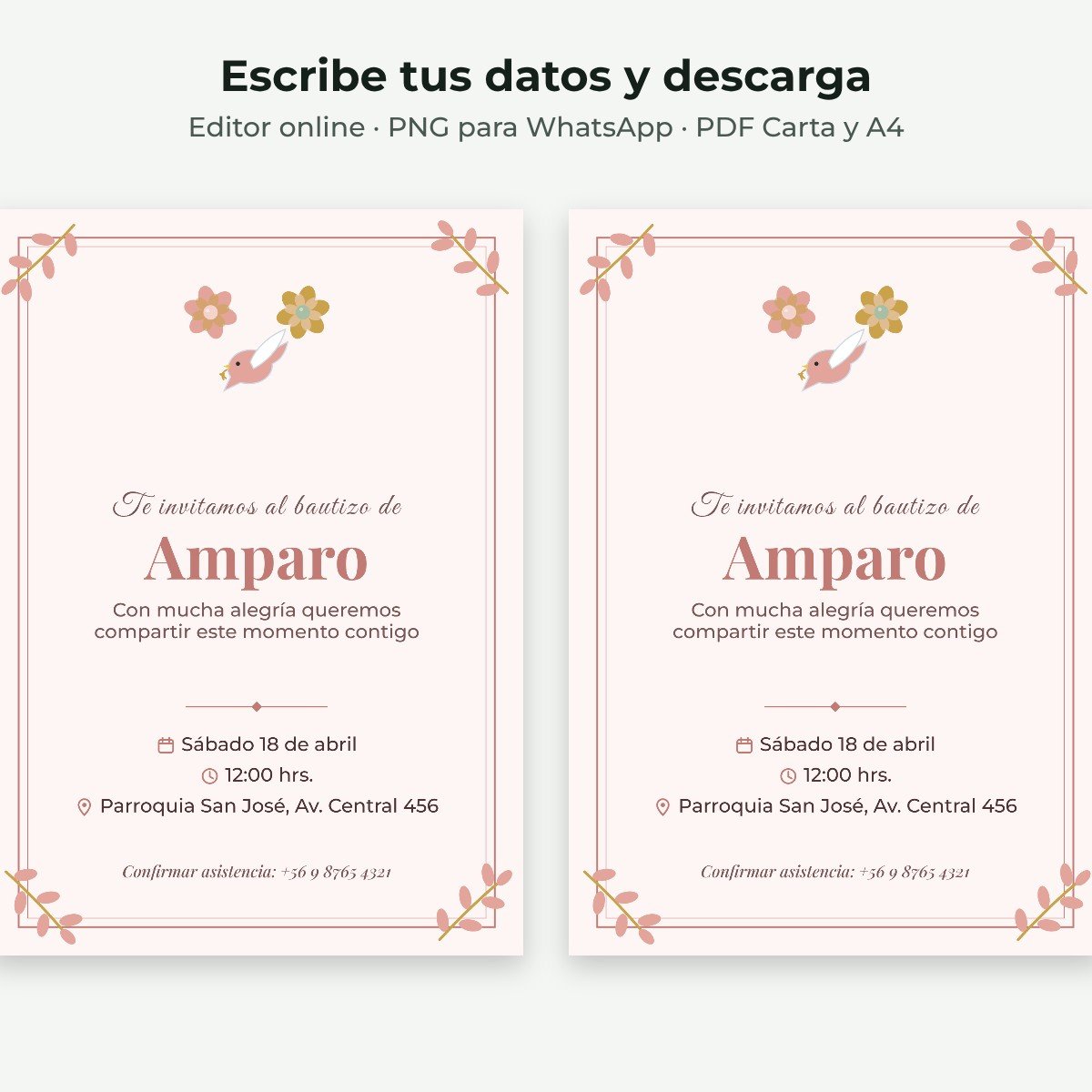 Ejemplo editable: Bautizo floral rosado