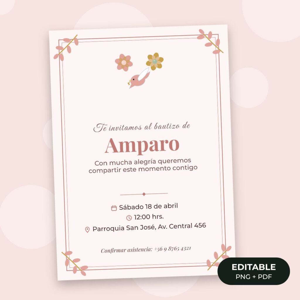 Invitación editable: Bautizo floral rosado