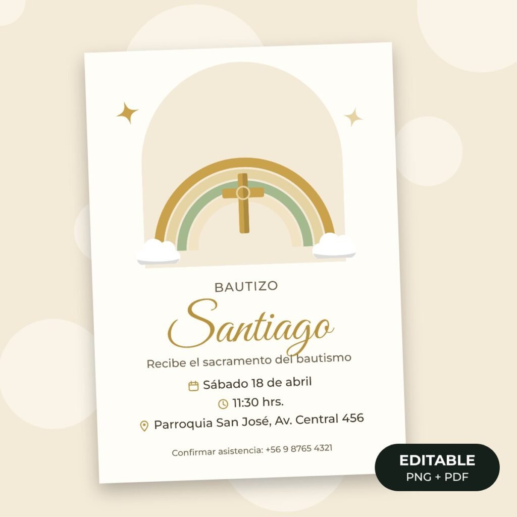 Invitación editable: Bautizo cruz dorada