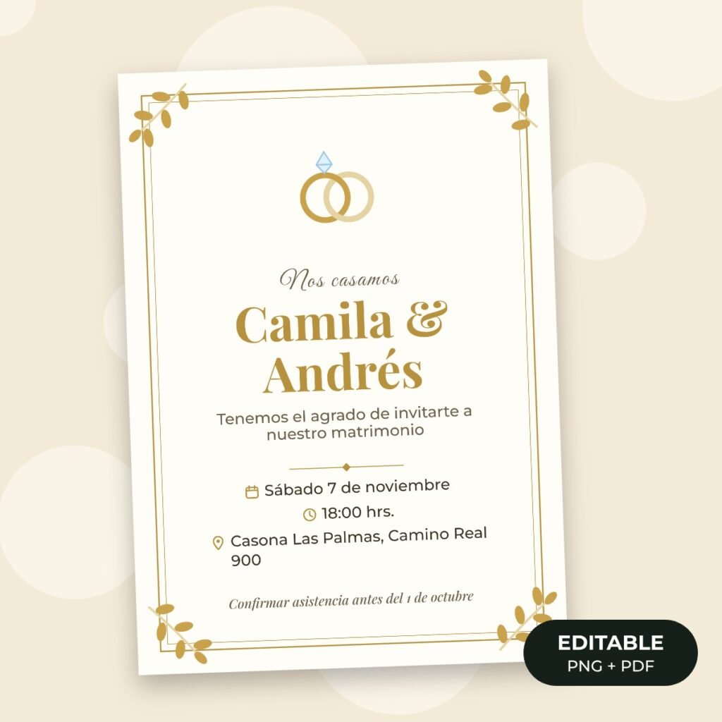 Invitación editable: Matrimonio clásico dorado