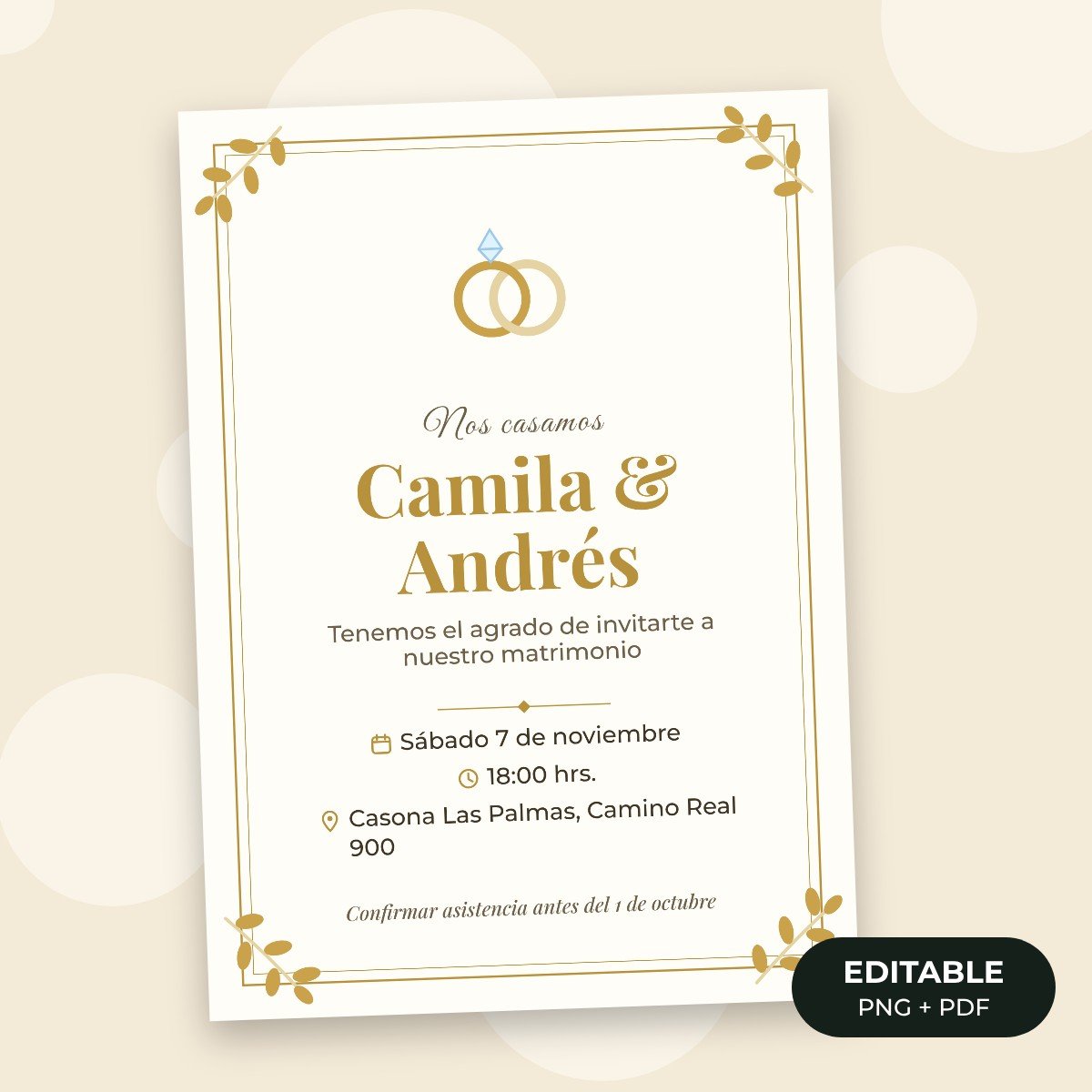 Invitación editable: Matrimonio clásico dorado