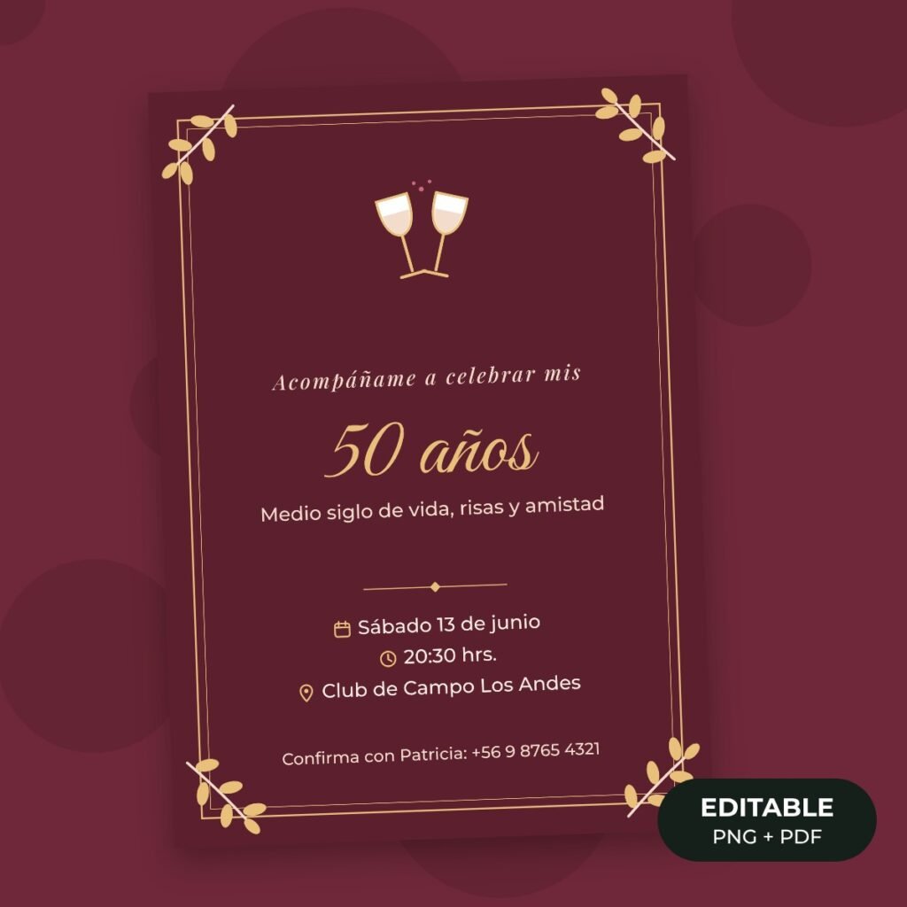 Invitación editable: Cumpleaños 50 borgoña