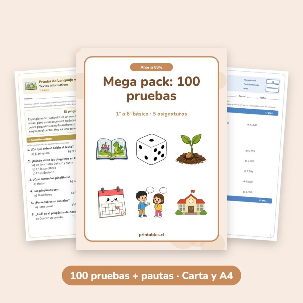 Mega pack: 100 pruebas de 1° a 6° básico