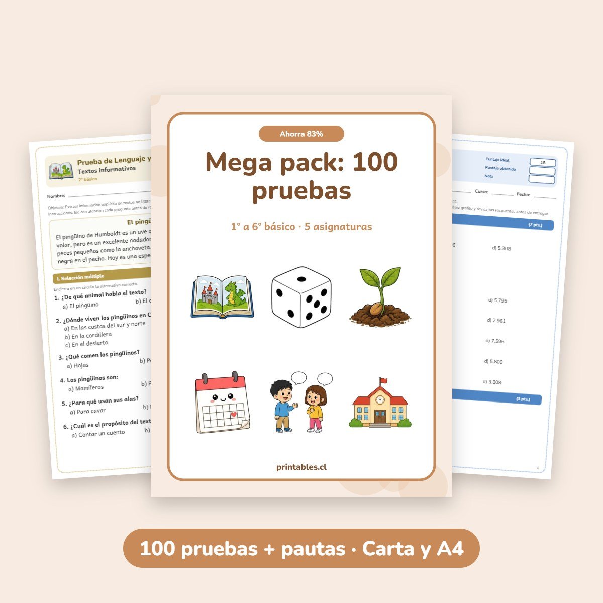 Mega pack: 100 pruebas de 1° a 6° básico