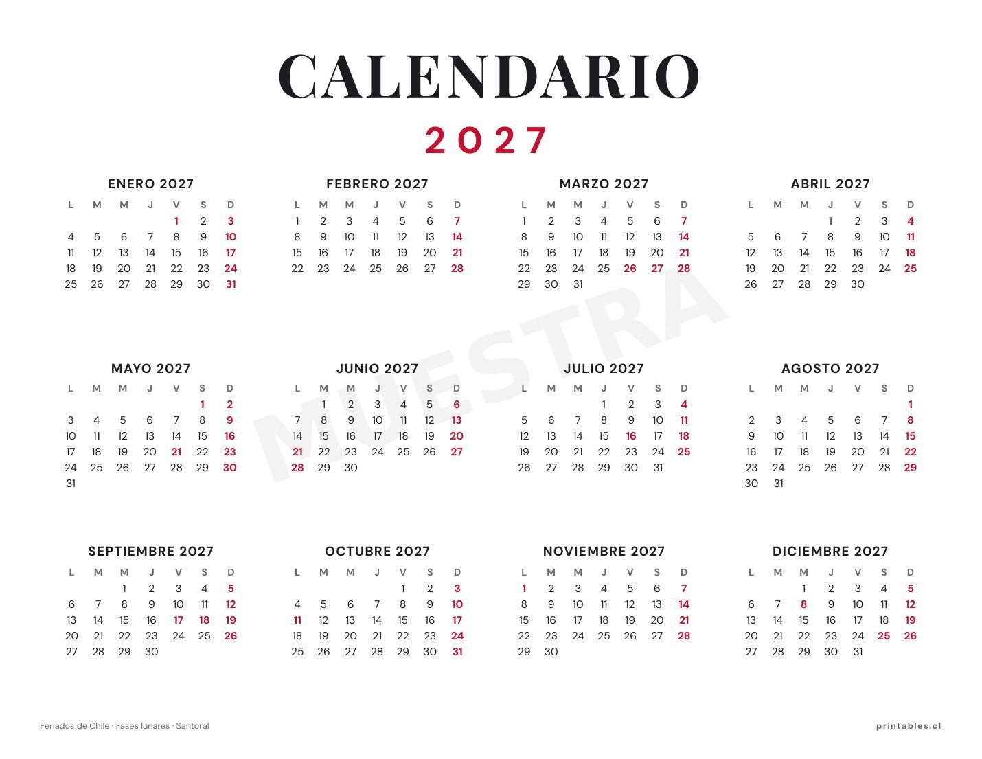 Calendario 2027 Chile · Clásico - Imagen 2
