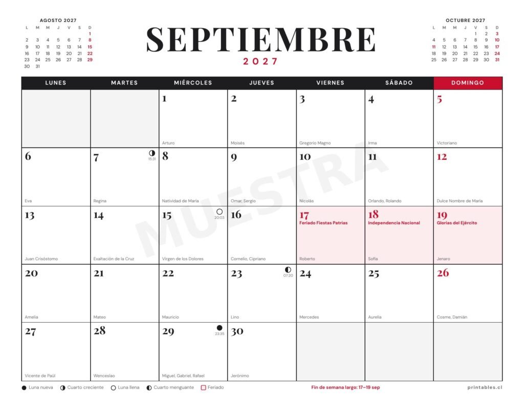 Mes con feriados, lunas y santoral