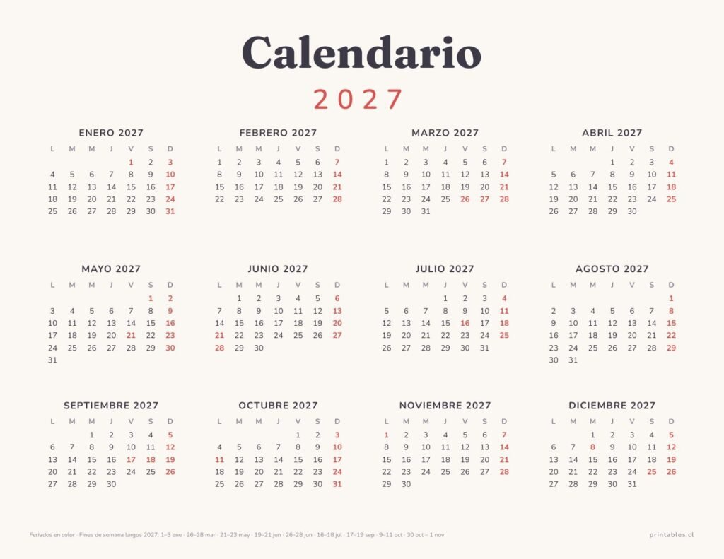 Calendario anual 2027