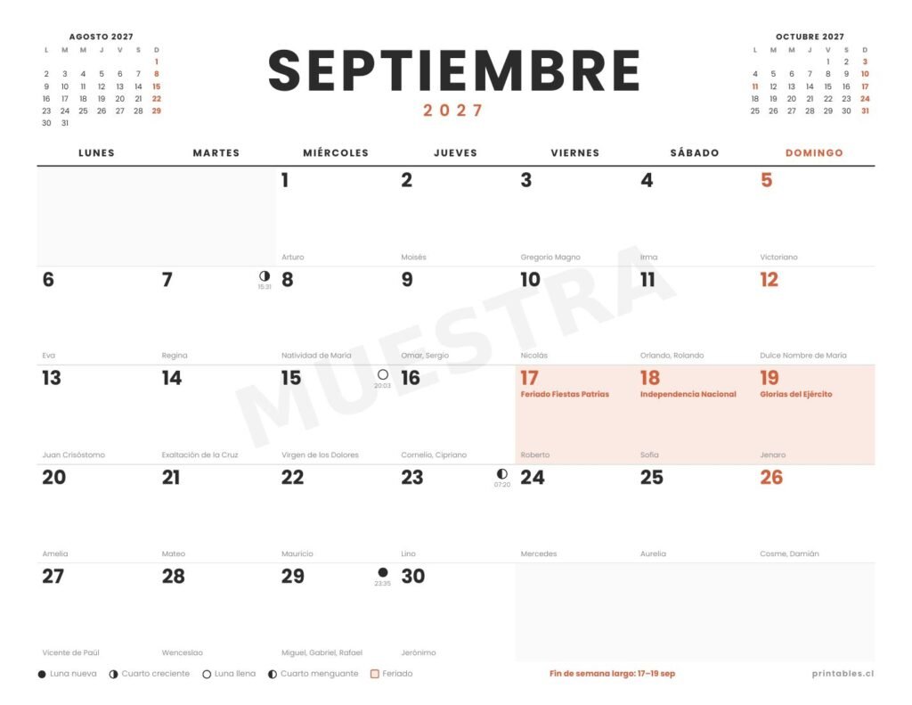 Mes con feriados, lunas y santoral