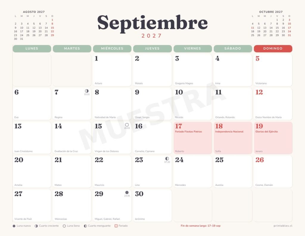 Mes con feriados, lunas y santoral
