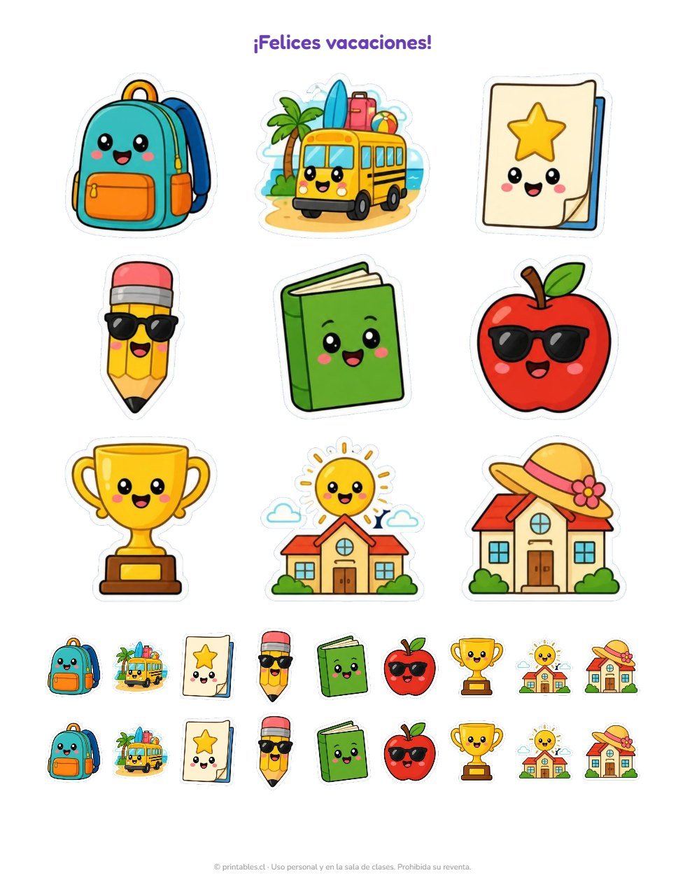 Muestra Kit Stickers Fin de Año Escolar: premios «¡Felices vacaciones!» para profes