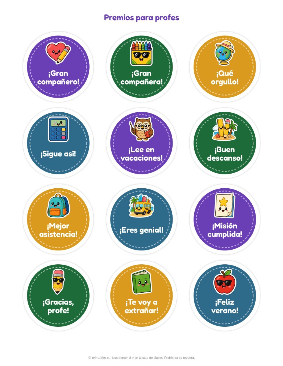 Muestra Kit Stickers Fin de Año Escolar: premios «¡Felices vacaciones!» para profes