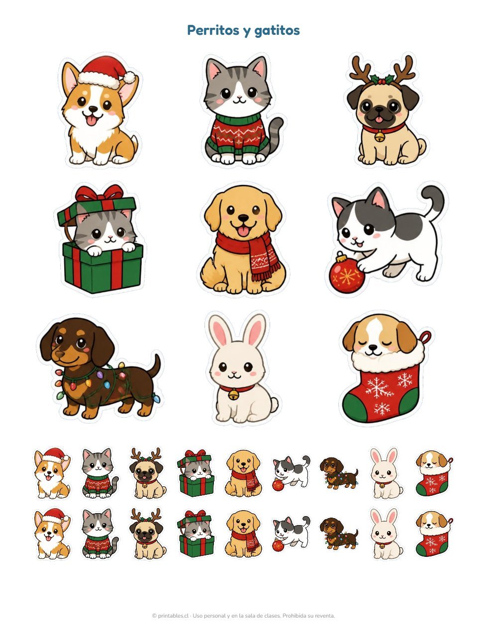 Muestra Kit Stickers Mascotas Navideñas: perritos y gatitos con gorro de Pascuero