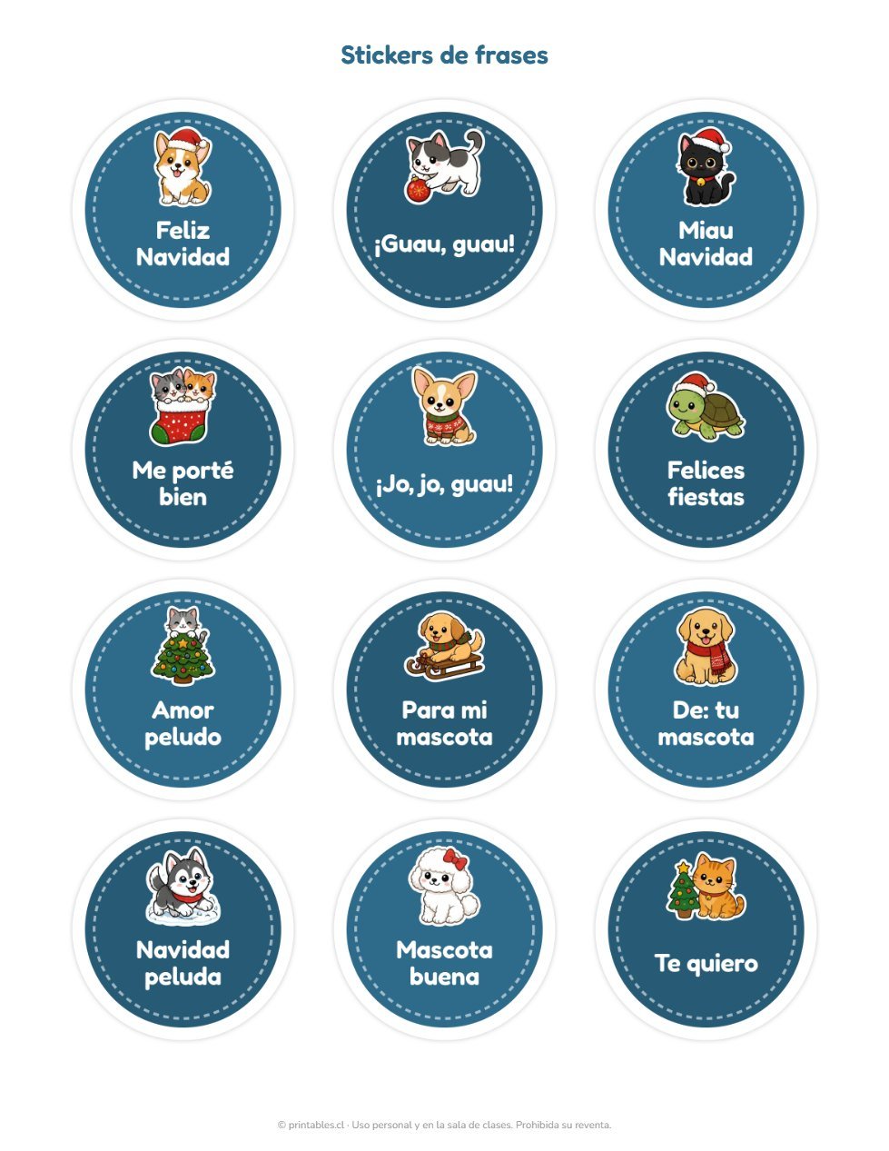 Muestra Kit Stickers Mascotas Navideñas: perritos y gatitos con gorro de Pascuero
