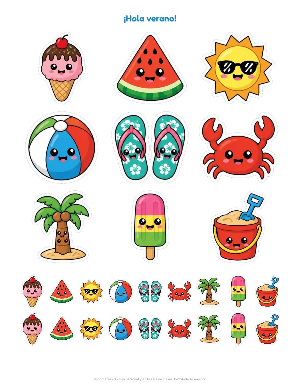 Muestra Kit Stickers Verano y Vacaciones: playa, mote con huesillo y más