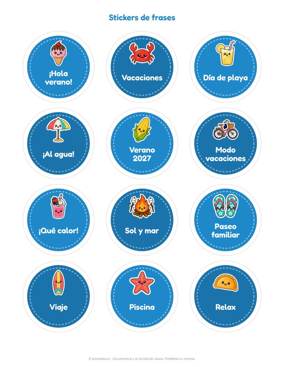 Muestra Kit Stickers Verano y Vacaciones: playa, mote con huesillo y más