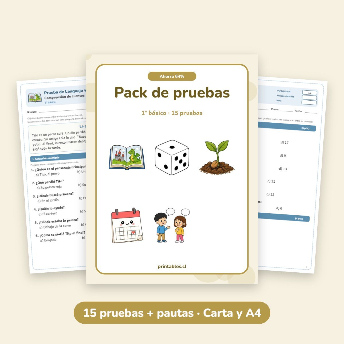 Pack de pruebas 1° básico: 15 pruebas con pauta