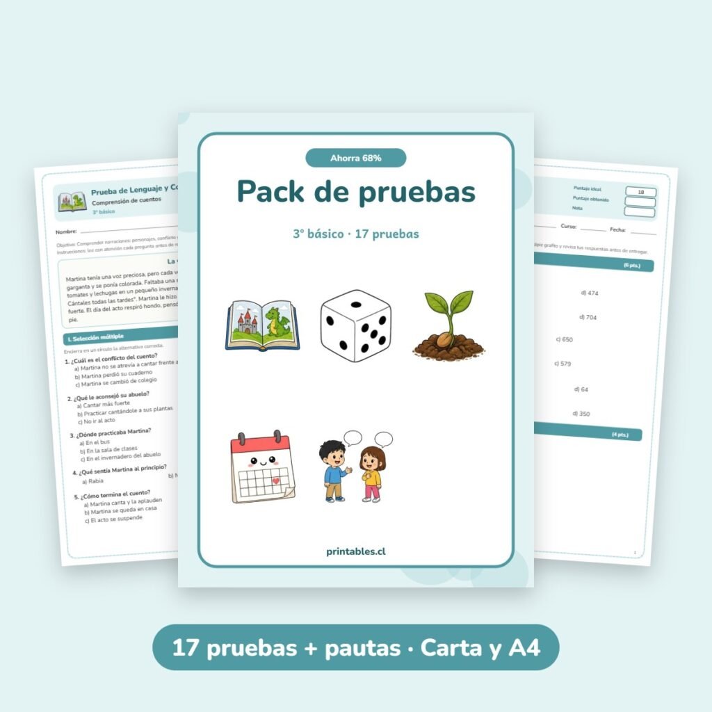 Pack de pruebas 3° básico: 17 pruebas con pauta