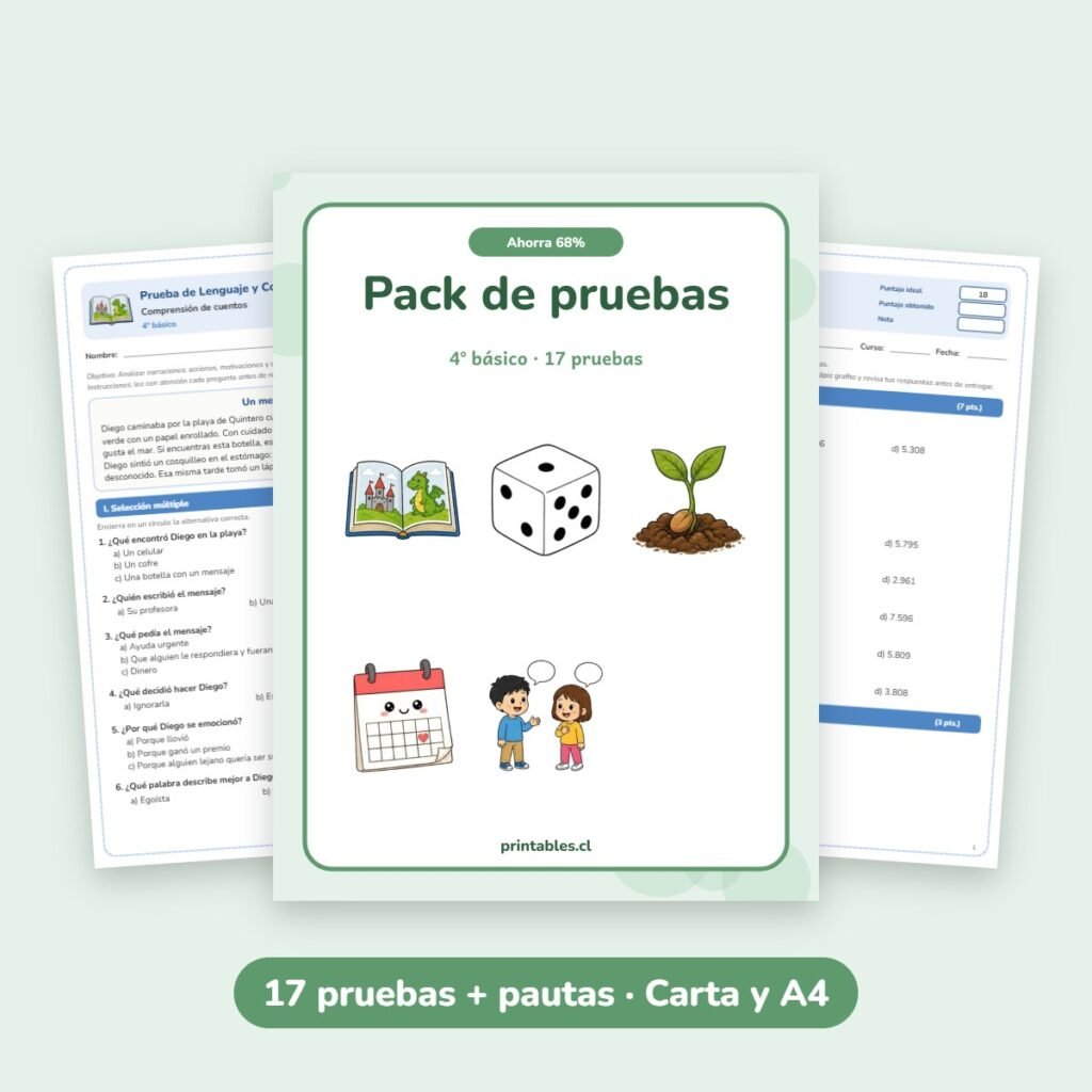 Pack de pruebas 4° básico: 17 pruebas con pauta