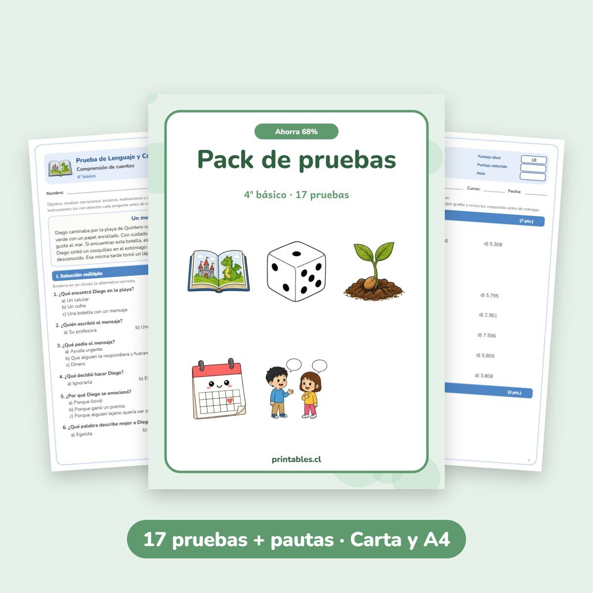 Pack de pruebas 4° básico: 17 pruebas con pauta