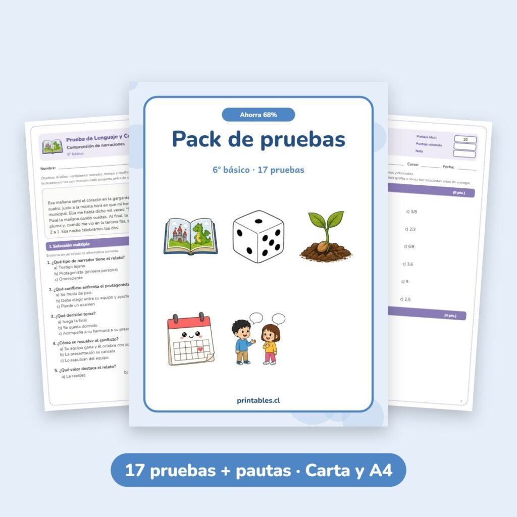 Pack de pruebas 6° básico: 17 pruebas con pauta