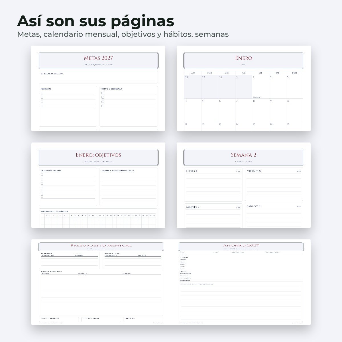 Páginas interiores del planner 2027 Académico