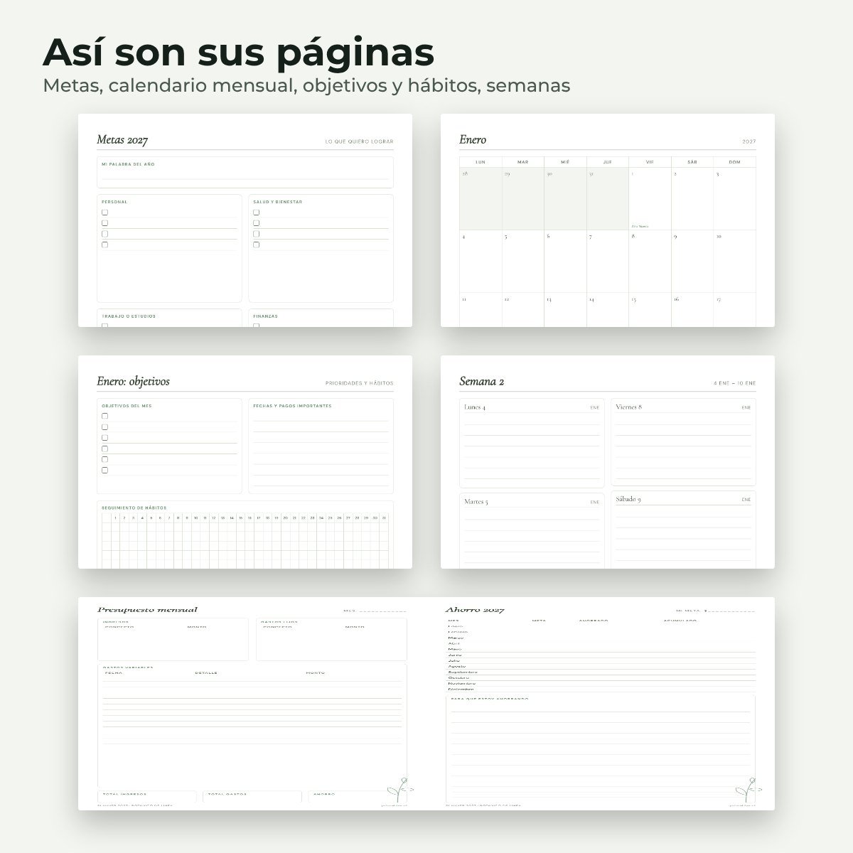 Páginas interiores del planner 2027 Botánico de línea