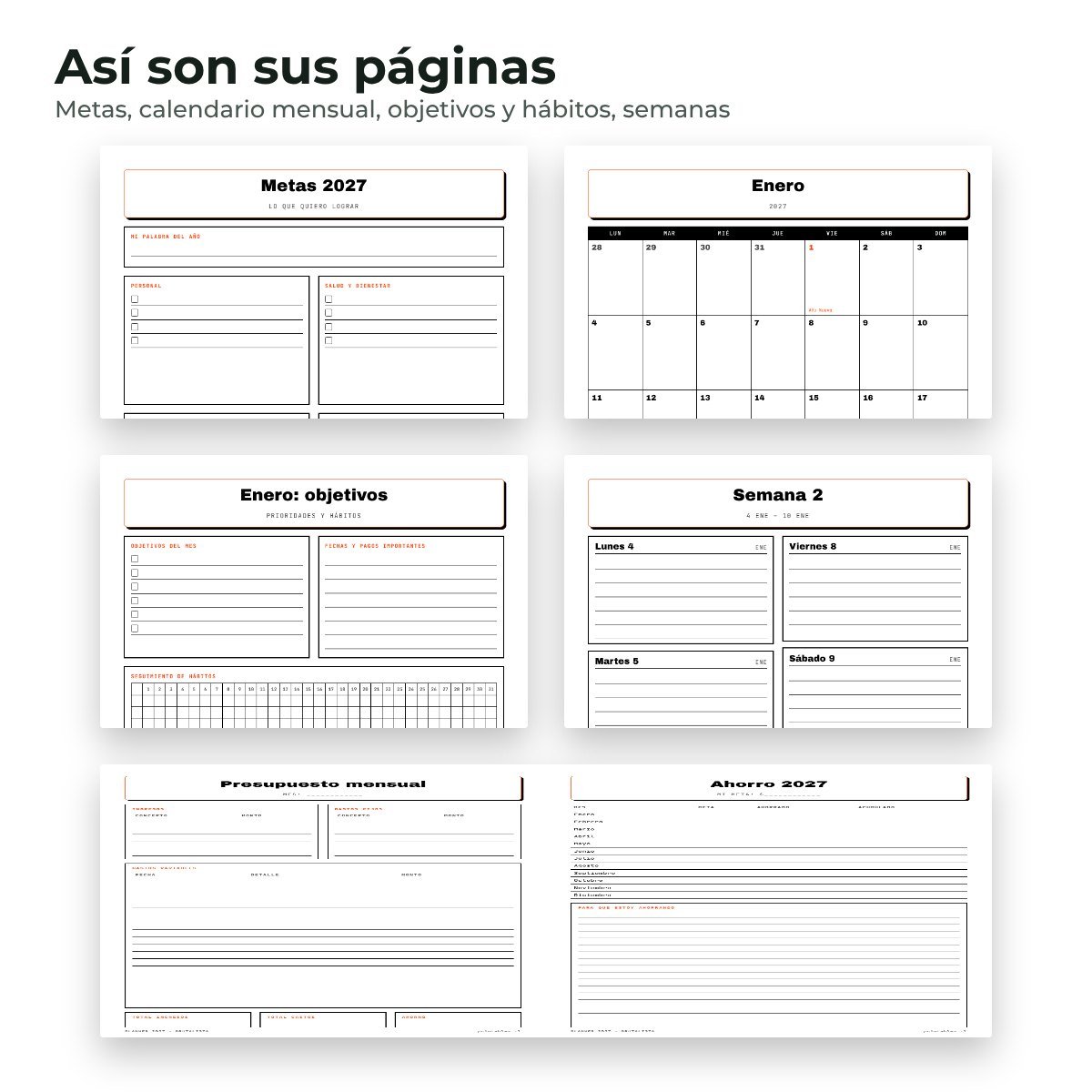 Páginas interiores del planner 2027 Brutalista