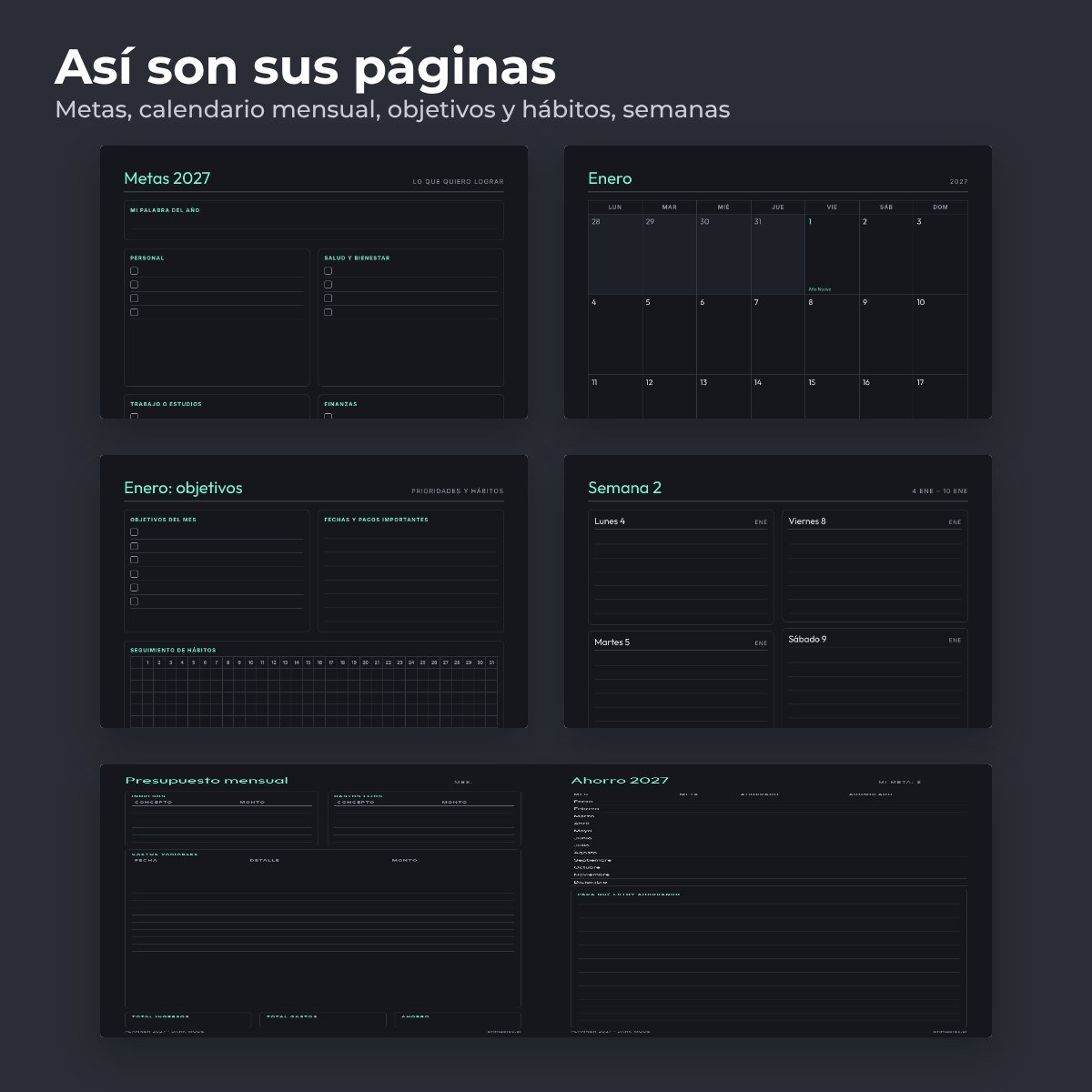 Páginas interiores del planner 2027 Dark mode