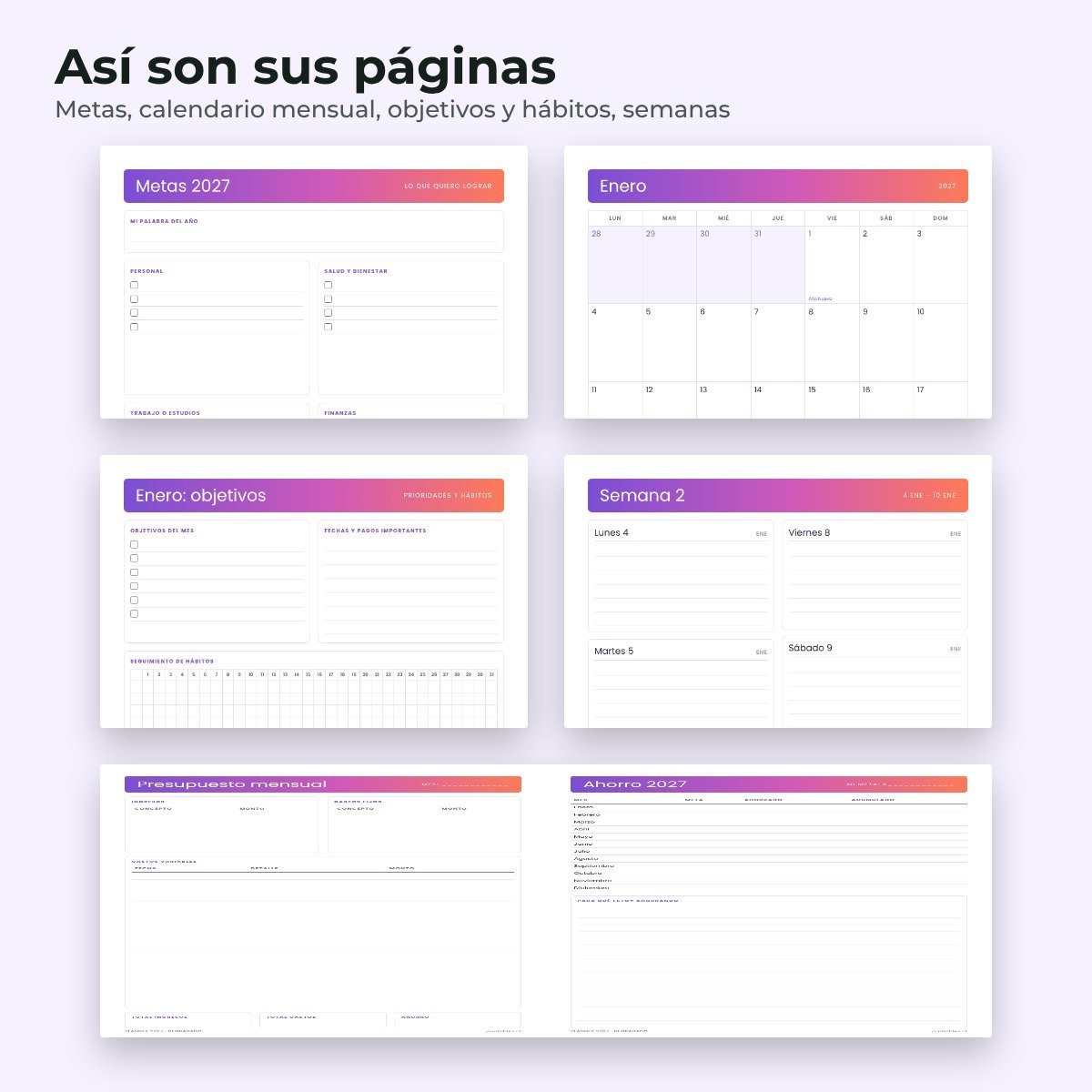 Páginas interiores del planner 2027 Degradado