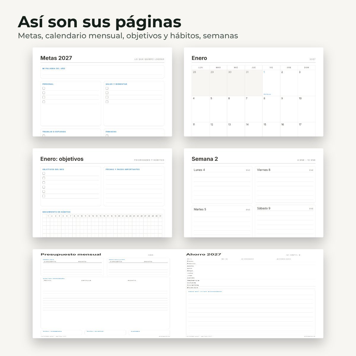 Páginas interiores del planner 2027 Estilo app