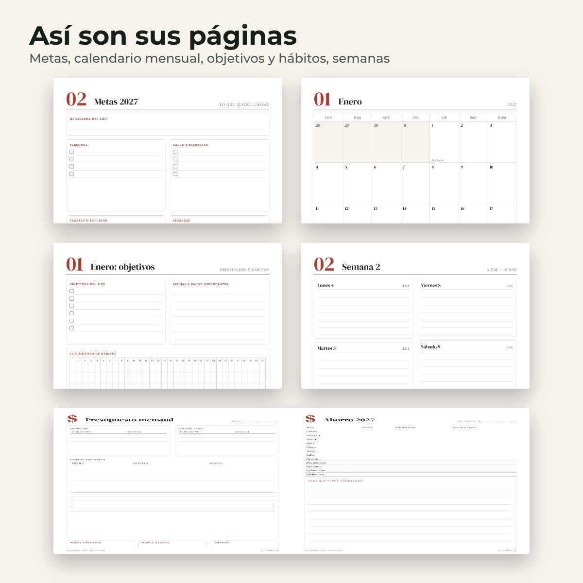 Páginas interiores del planner 2027 Editorial