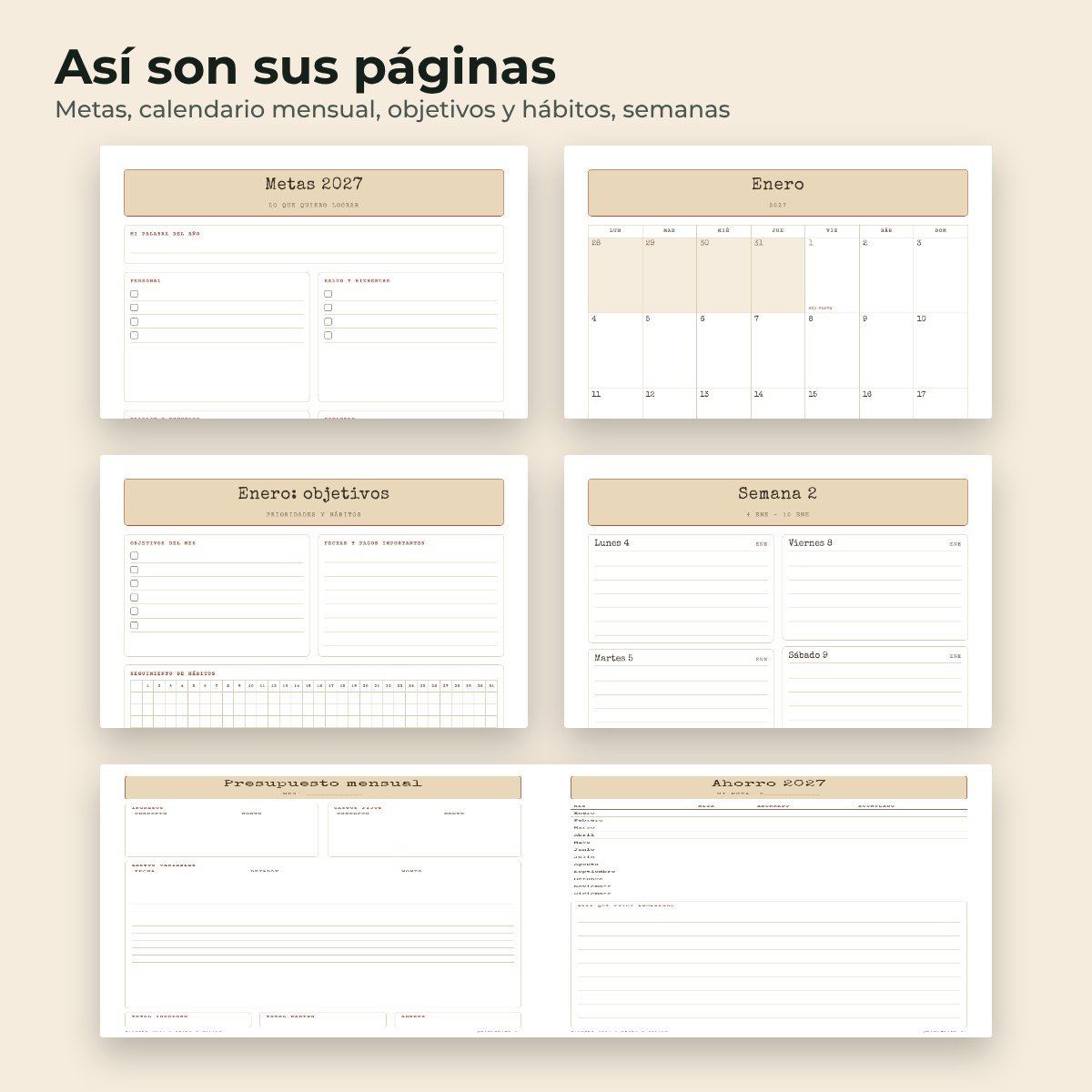 Páginas interiores del planner 2027 Kraft y sellos