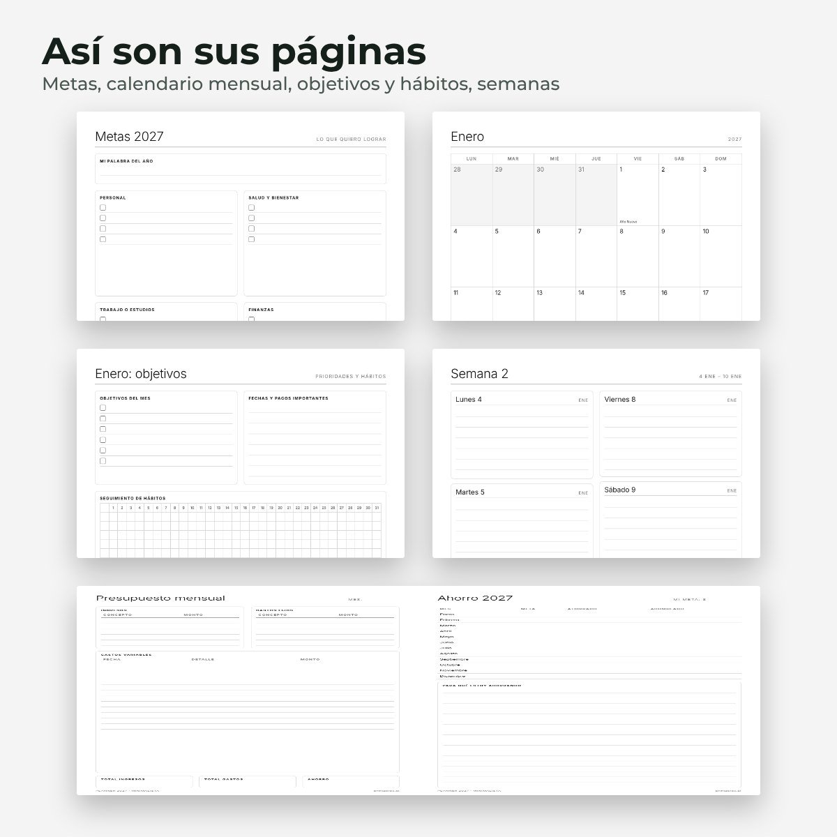 Páginas interiores del planner 2027 Minimalista