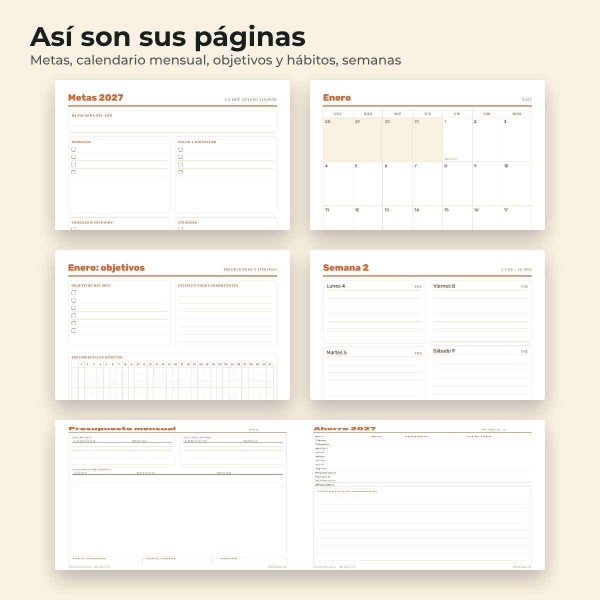 Páginas interiores del planner 2027 Retro 70s