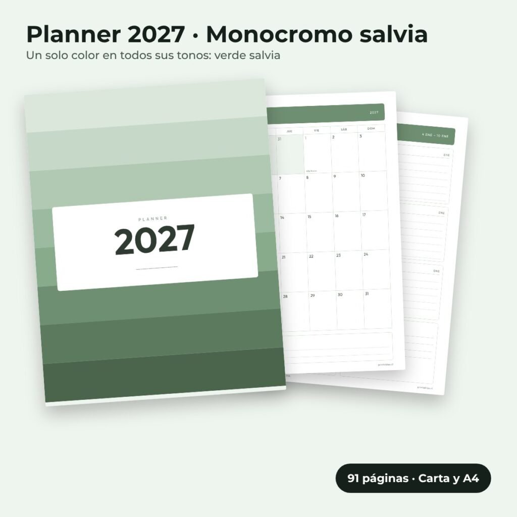 Planner 2027 estilo Monocromo salvia