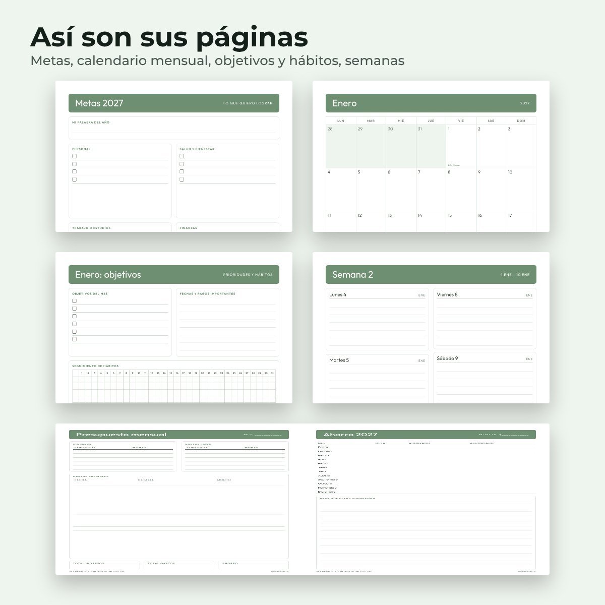 Páginas interiores del planner 2027 Monocromo salvia
