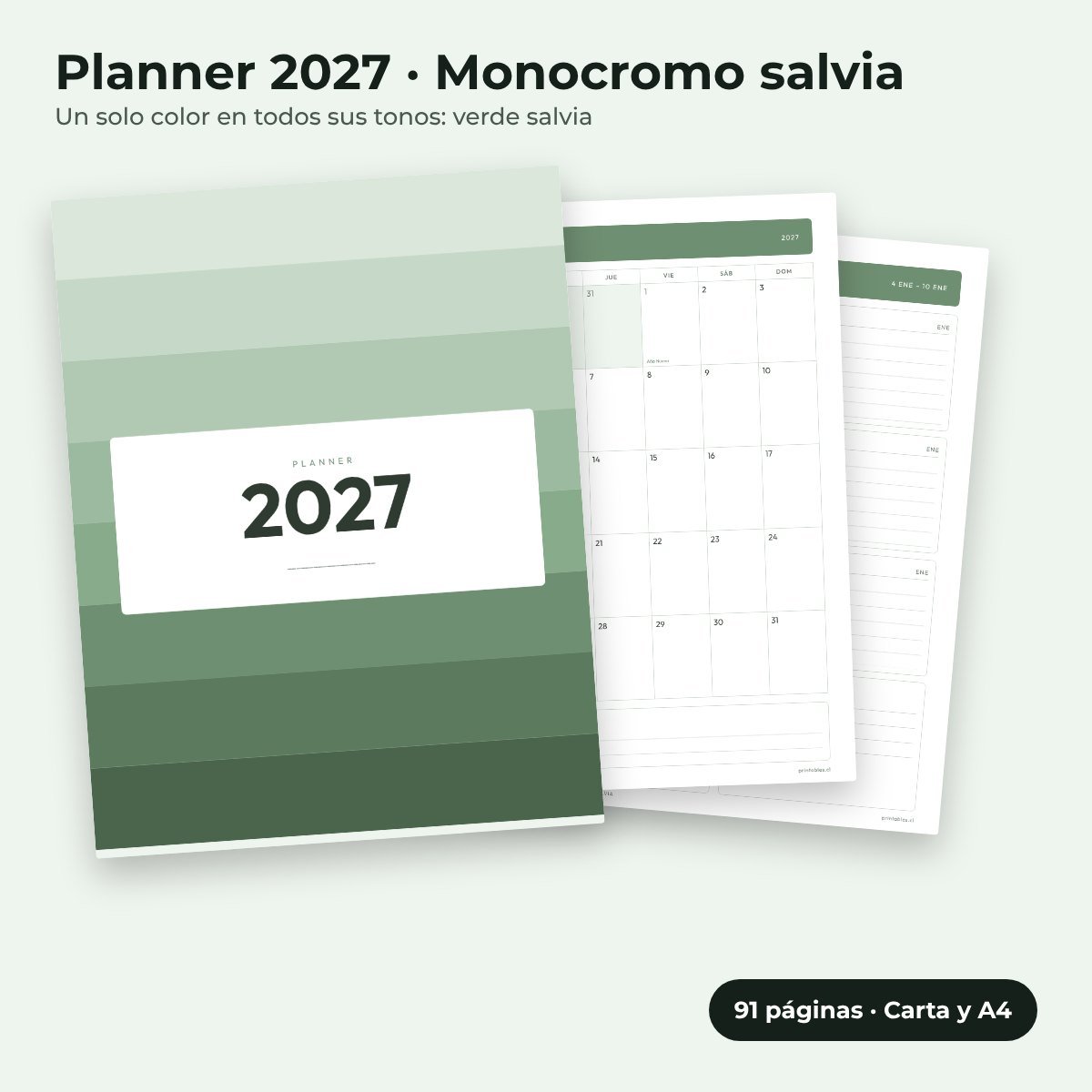 Planner 2027 estilo Monocromo salvia